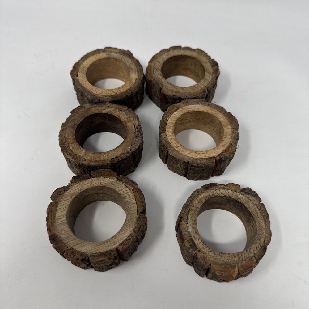 Wood Tree Bark Ring Napkin Rings Holders Set of 6 Rustic Country Tableware